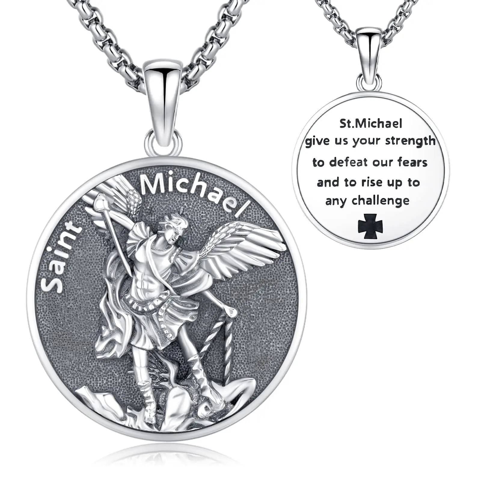 DRINSPER 925 Sterling Silver Saint Michael Archangel Protection Faith Pendant Necklace, Unisex Catholic Amulet, Casual Daily Jewelry Gift, Retro, Spiritual Jewelry, Adults, With Box, 22"+2" Box Chain, Hypoallergenic, Lead-Free, Faith Style Necklaces, Spir