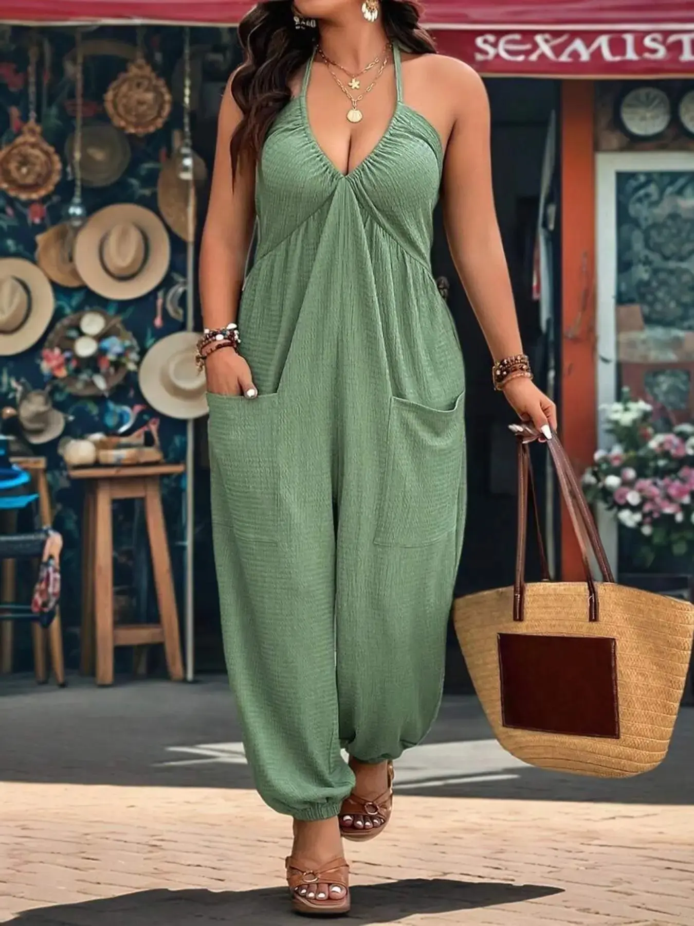 [Plus Size] Solid Color Pocket Open Back Jumpsuit, Overall Jumpsuits, Overalls Jumpsuit, Casual Sleeveless Jumpsuit for Daily Wear, Women's Plus Clothing for All Seasons