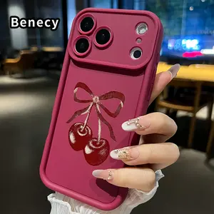 Phone Case for iPhone 17 Pro Max 16 Plus 15 14 13 12 11 Air E Cherry with Bow Anti-Scratch Shockproof Soft Silicone Protective Cover