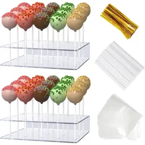 2 Pack Cake Pop Stand with Sticks Kit,  Lollipop Hold Stand, Clear Cake Pop Display Holder, 15 Holes Candy Pop Holder with 100 count Sticks, 100 count Clear Wrappers, 100 count  Twist Ties