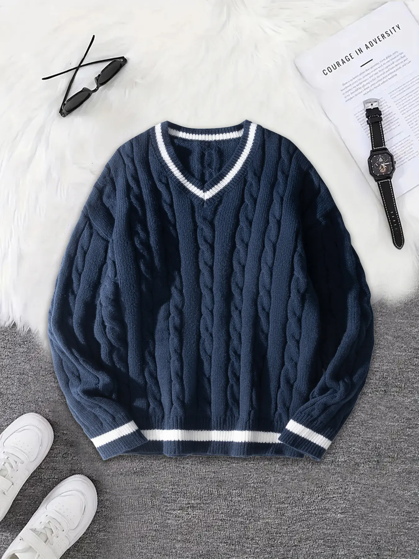 Men's V Neck Long Sleeve Knit Sweater Pullover, Stylish Casual Style, Striped Pattern, Fitted Design, Fall & Winter Wear, Versatile Outdoor Clothing Knitwear Tops 26153