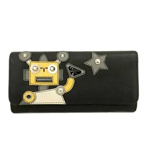 Pre-owned PRADA other Small Leather Goods Logo Plate Saffiano Robot Leather Long Bifold Wallet Black 12232622109/030301