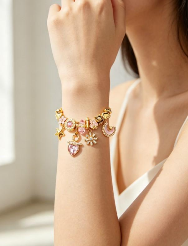 Pink Heart Moon Star Charm Gold Bangle Bracelet, Adjustable Cable Wire Cuff Bracelet with Pink Crystal Flower Charms, Cute Sweet Jewelry Gift for Women Teen Girls