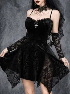 Women's Gothic Embroidered Lace Spaghetti Strap Dress, Elegant Cross Design Sleeveless Summer, Casual Fashion for Women