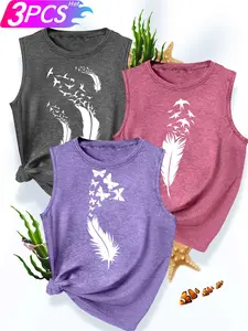 3Pcs Women's Crew Neck Tank Tops, Butterfly Feather/Bird Feather/Gradient Feather Print, Multiple Colors Available, Machine Washable, Spring & Summer Tops, Soft Skin-Friendly Fabric, Daily Versatile, Fashion Design