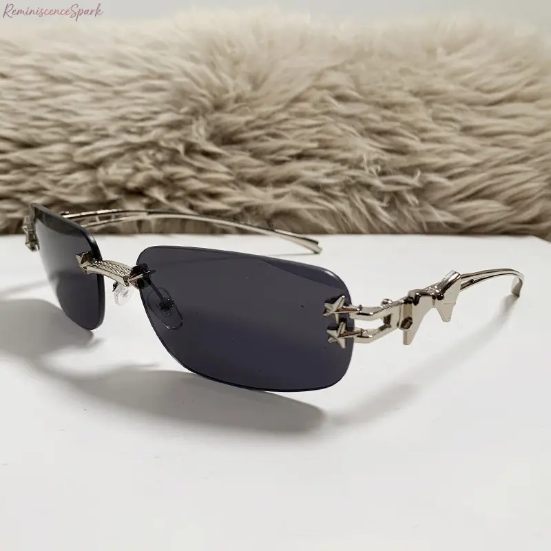 Y2K Style Rimless Sunglasses, Star & Bow Accent UV400 Shades, Trendy Women's Statement Eyewear for Streetwear, OOTD & Bold Fashion