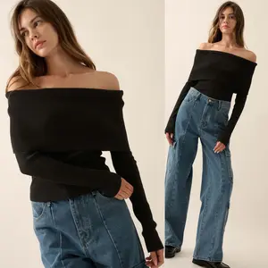 Billie Rib-Knit Off-Shoulder Foldover Top | Womens Blouse | Trendy Fall and Winter Shirt | Black Minimalist | Holiday Outfit Inspo