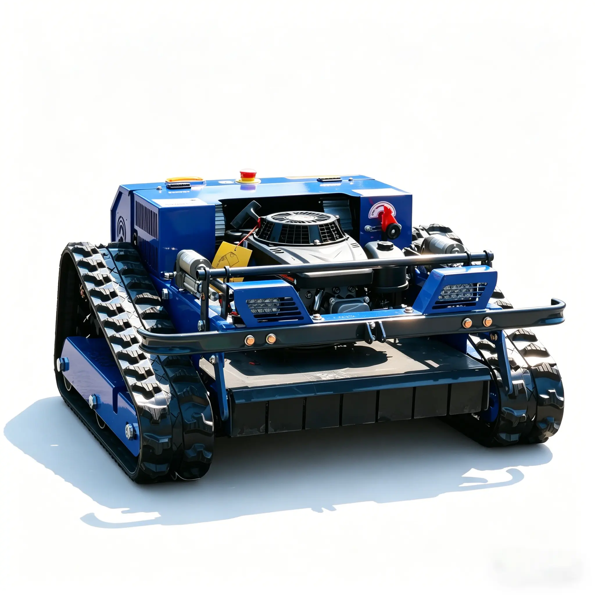 The AWY-550 is a remote-controlled mowing robot featuring a 550mm cutting width, a Loncin 224cc gasoline engine, and all-terrain rubber tracks capable of climbing 45-degree slopes; it is a wireless, automated mowing solution designed for diverse terrains.