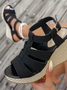 Women's Braided Thick Sole Roman Sandals, Hollow Out Strappy Heeled Shoes, Summer Beach Vacation Fairy Style Footwear