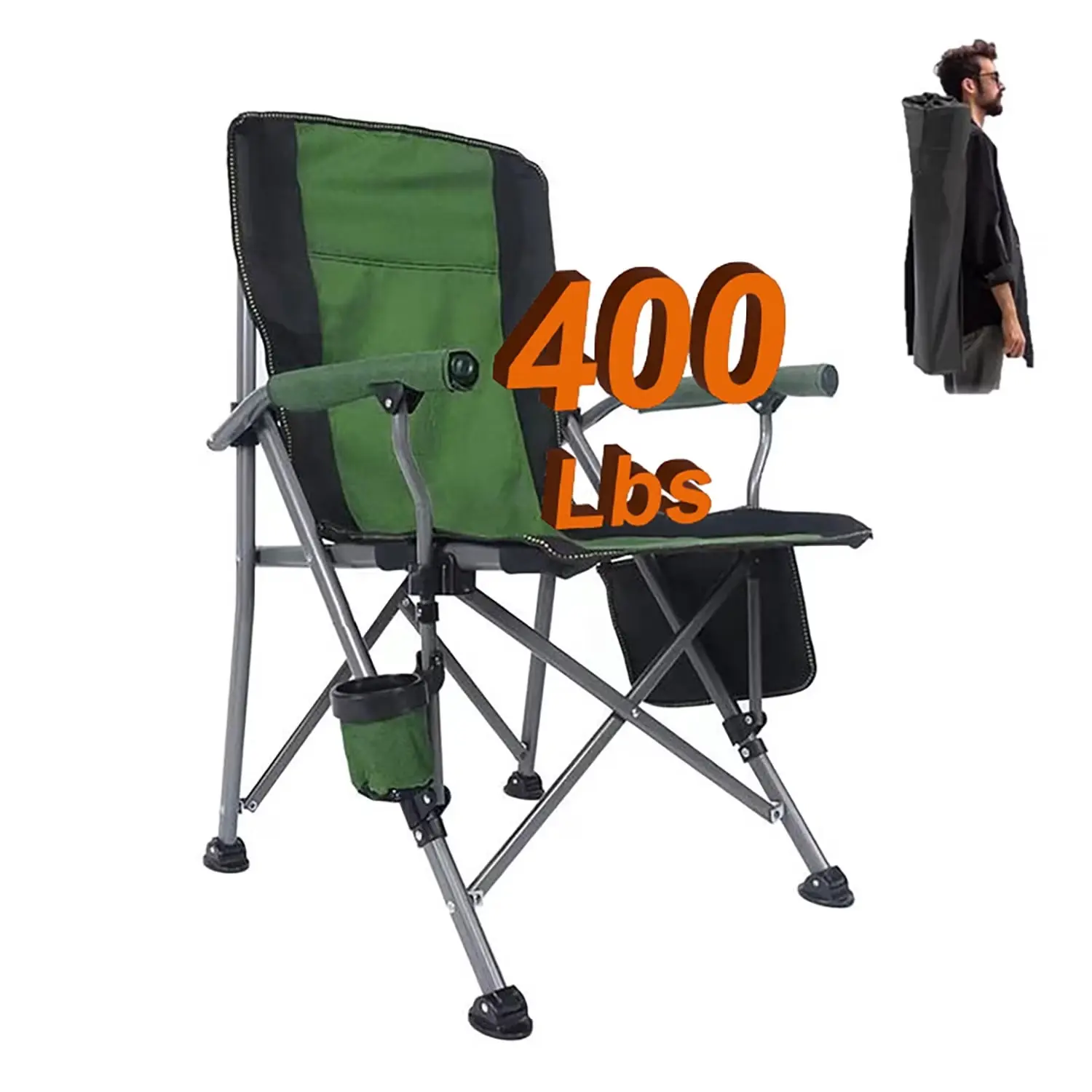 Oversized Folding Camping Chair, Heavy Duty Support 400 Lbs Portable Padded Arm Chair with Cup Holder and Side Pocket, for Beach, Fishing, Outdoor Activities