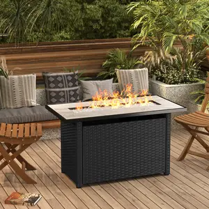 Gizoon 45" Gas Fire Pit Table Propane Fire Pit with Glass Rocks Waterproof Cover and Pe Rattan Outdoor Patio Fire Pits for Backyard Garden Party
