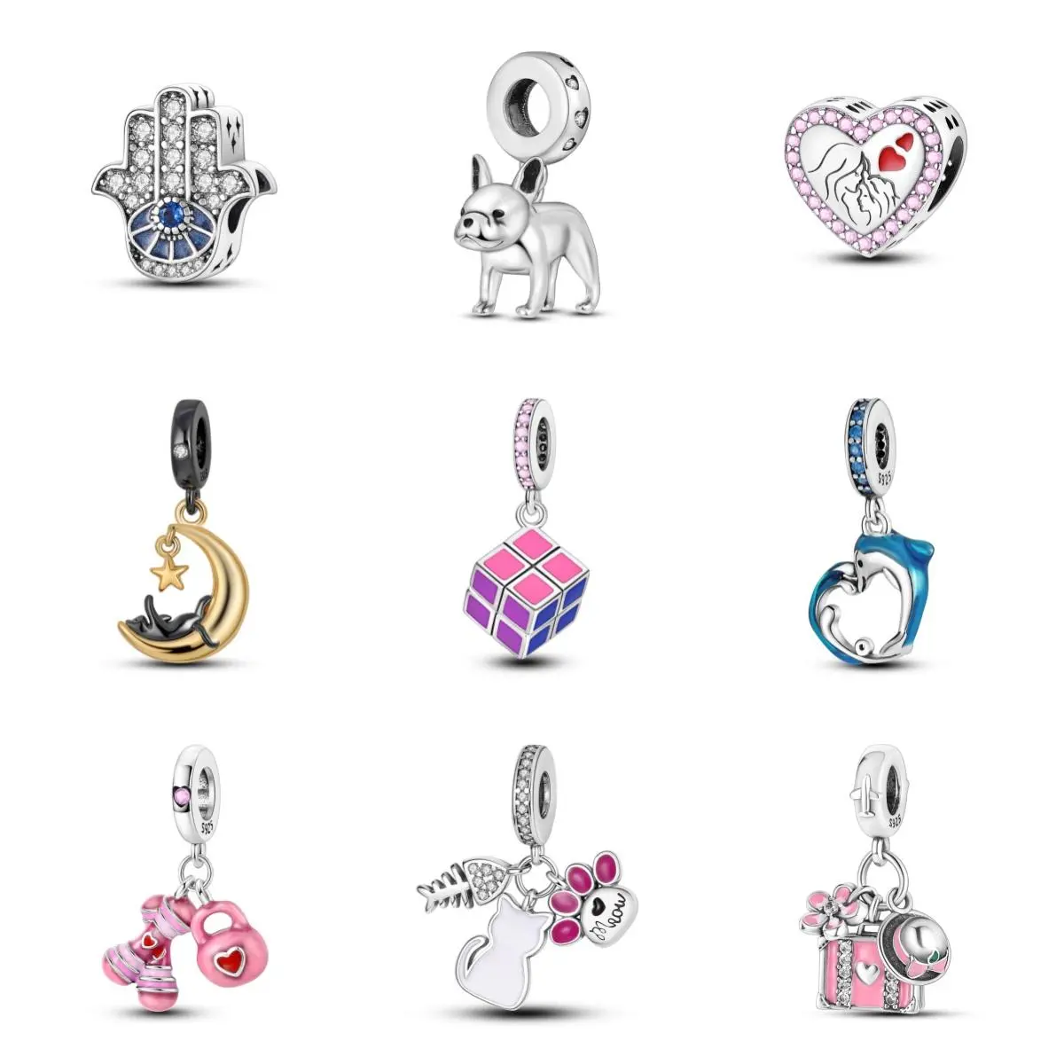 MULA Charms for Bracelets & Necklaces | Silver & Zirconia Beads | Hamsa Hand, Dog, Moon, Heart, Dolphin & More | Compatible with Pandora and Other Bracelets