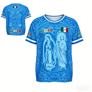 Mexican Aztec Calendar Graphic Jersey, Men's Casual Soccer Style Fan Shirt, Mexico Inspired Sports Tee for Daily Wear Light Pink Mexican Culture Graphic Tee, Aztec Calendar & Religious Print Casual Shirt