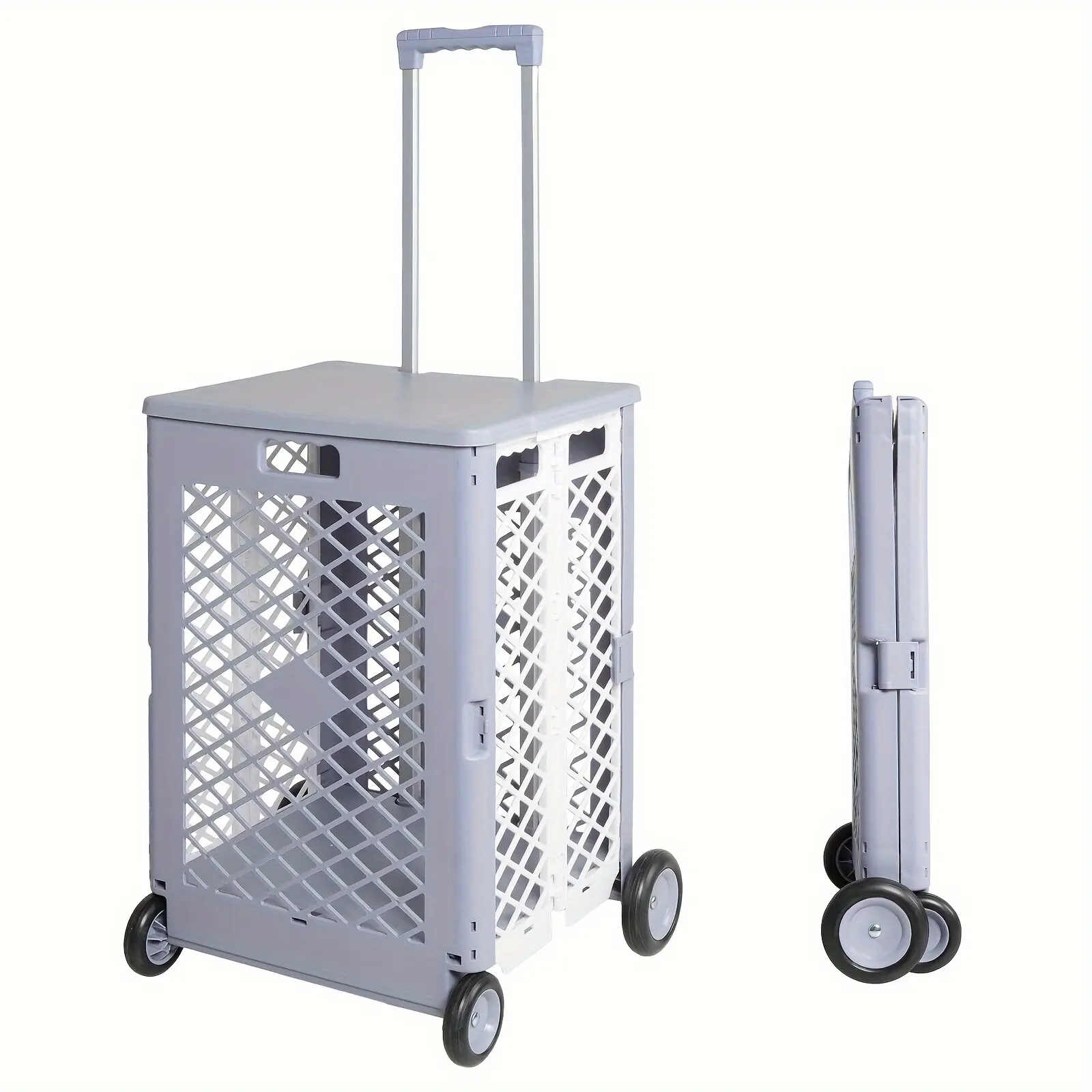 Foldable Utility Rolling Crate with lid Wheels, Portable Shopping Cart with Durable Heavy Duty Telescopic Handle, Rolling Carts for Carrying Books, Laundry, Travel Office Use, Gray, Medium