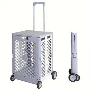 Foldable Utility Rolling Crate with lid Wheels, Portable Shopping Cart with Durable Heavy Duty Telescopic Handle, Rolling Carts for Carrying Books, Laundry, Travel Office Use, Gray, Medium