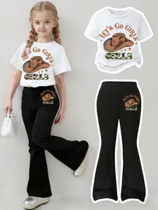 Girls' T-shirt & Flared Pants Set - Cowboy Hat Print, Multi-color, Fashion Summer Set