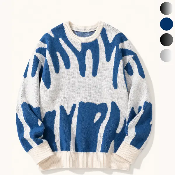 Retro Abstract Print Knitted Sweater for Men, Cozy Soft Knit Pullover, Relaxed Drop‑Shoulder Sweat Jumper, Hip‑Hop Daily Outfit, Multiple Color Options