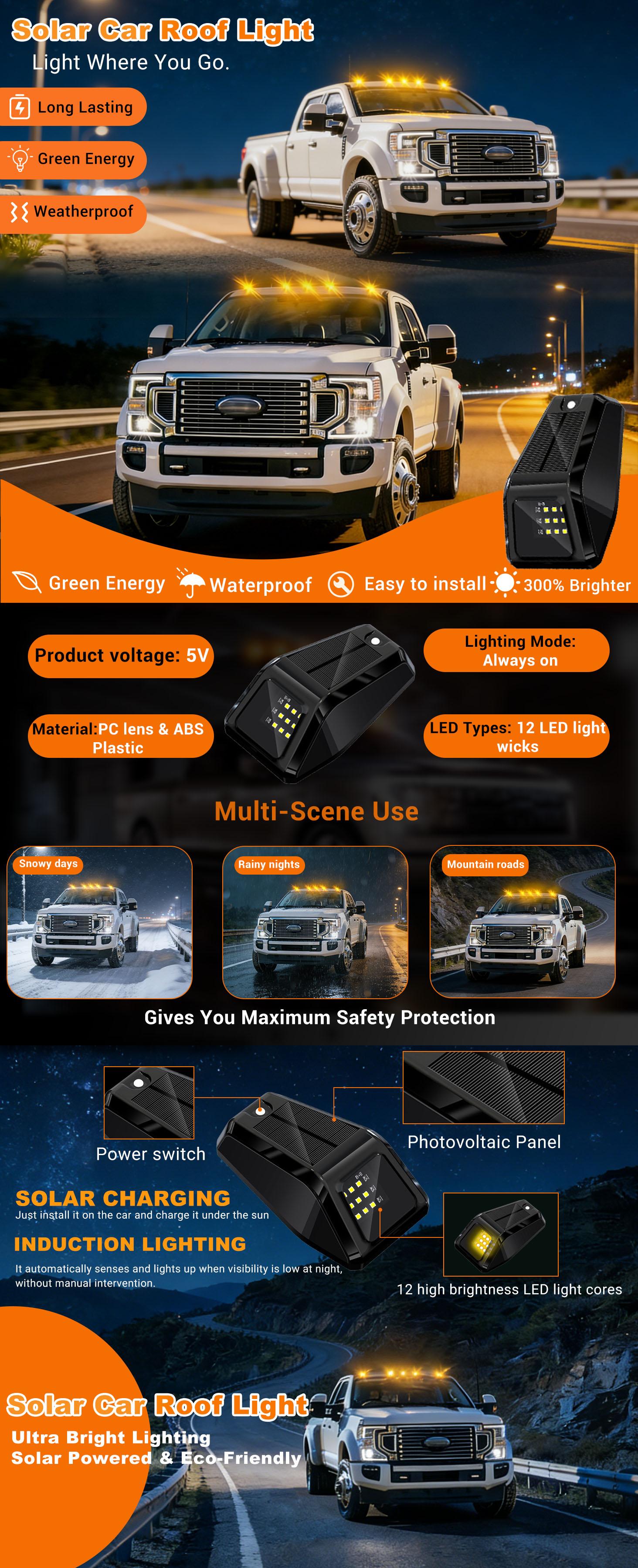 Solar Cab Lights for Trucks No-Drill Wireless Roof Marker Lights with 3 Suction Cups Auto On/Off IP67 5-Pack Solar Car Roof RGB Strobe Light 12 LEDs High-Intensity Illumination