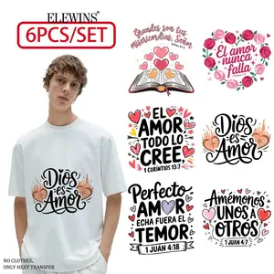 6 pieces of Spanish Bible scripture gold foil heat transfer, ready for application with DTF transfer. Perfect for T-shirts, hoodies, jeans, backpacks, and pillows, machine-washable plastic, festive gift idea.