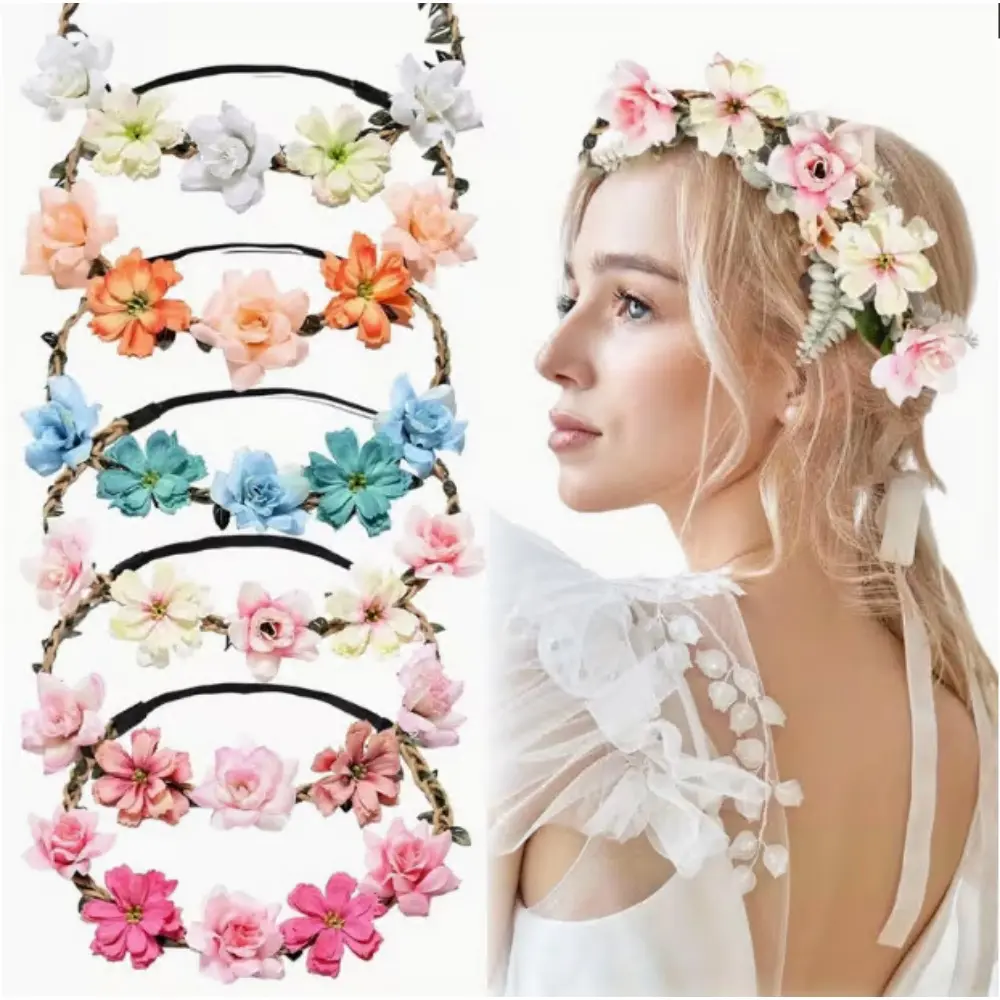 6pcs Boho Hair Wreaths, Women Headpieces Collection Accessories, Flower Crowns, Tiaras for, Brides, Bridesmaids, Flower Girls, Weddings, Flower Headband Woven with Five Flowers
