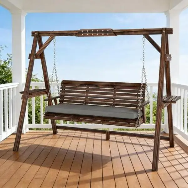 Bellemave 2-Seat Porch Swing with A-Frame Stand, Wooden Log Patio Swing Chair Bench with Wagon Wheel Armrests, Swing Porch Swings