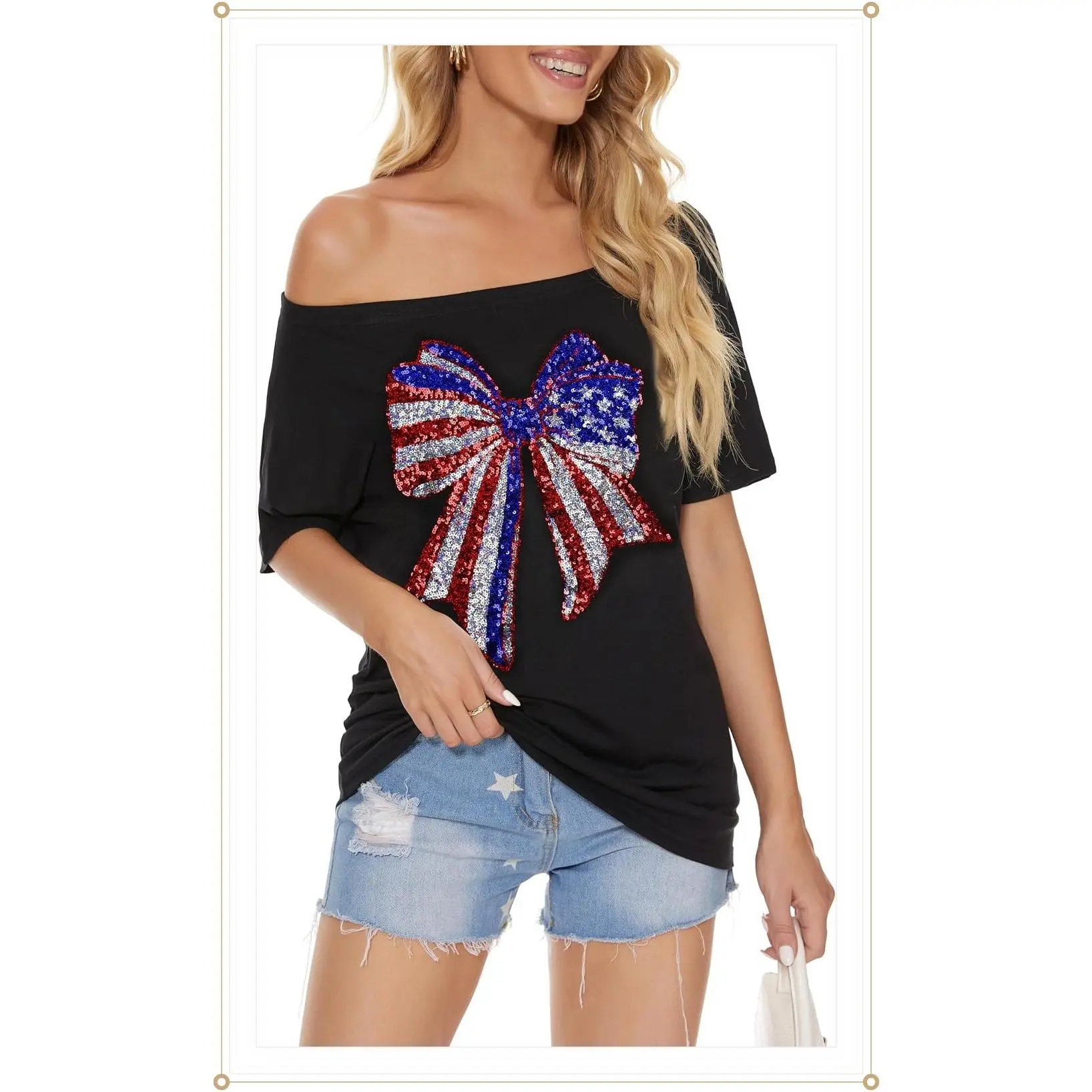 PESION Women Off The Shoulder Tops Sexy Shiny Metallic Shirts Short Sleeves Fashion Graphic T-Shirts BlousesGift