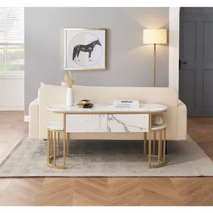 BarberPub White & Gold Nail Desk Modern Faux Marble Top Manicure Table with Gold Metal Frame Salon Furniture 6203