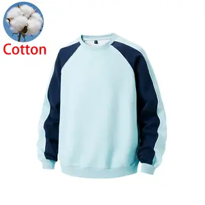Cotton Men Crew‑Neck Sweatshirt, Raglan Sleeve Contrast Color Patchwork Long‑Sleeve Pullover, Casual Loose Daily Wear Tops for Teenagers