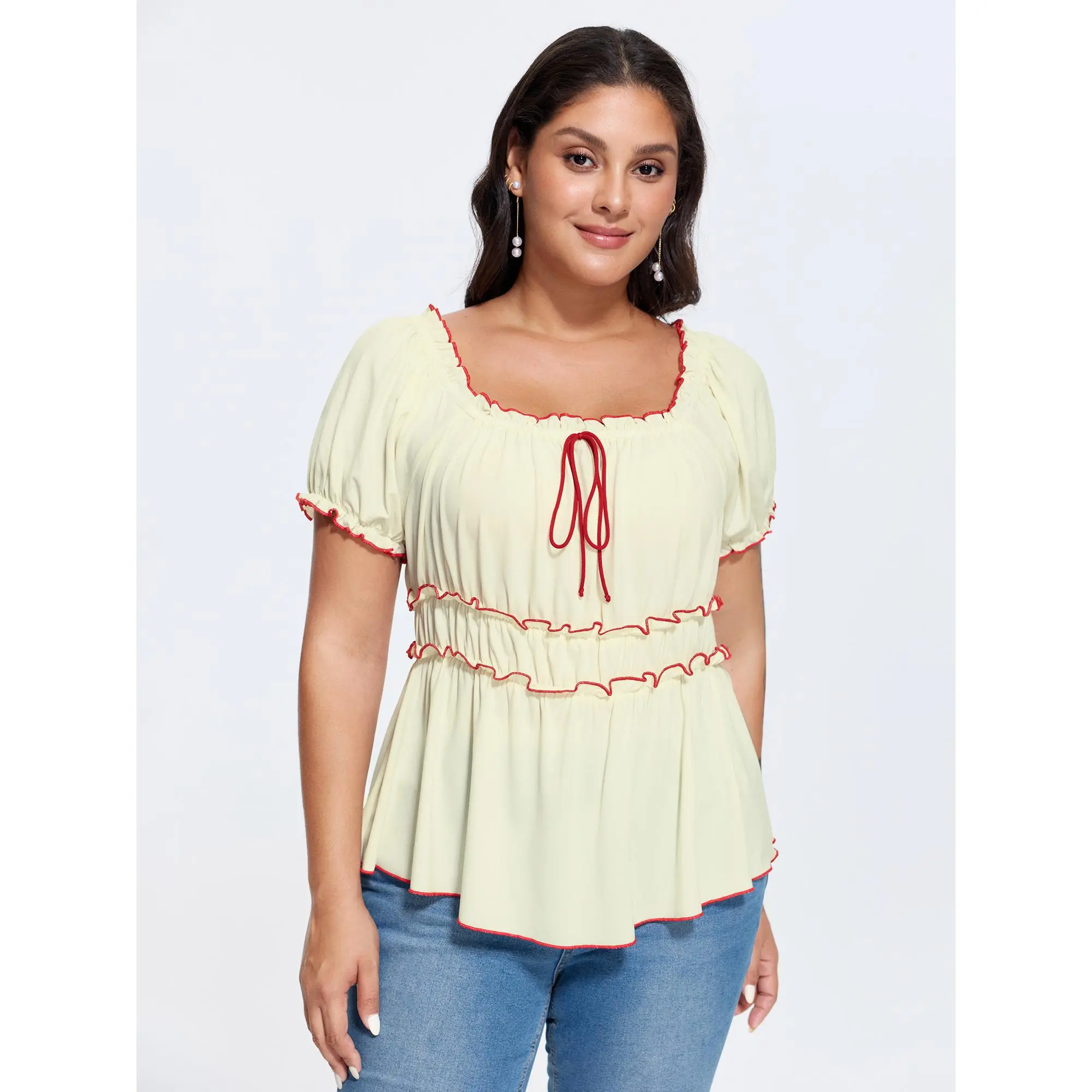 BloomChic Plus Size Romantic Cropped Spandex Knit Top with Lantern Sleeves, Bowknot Detail, and Colorblock Trim, Garment,back to school,back to school shopping, Blouse