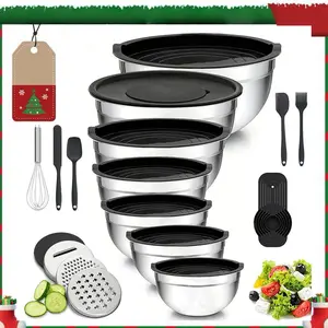 Nesting Mixing Bowls Set 21PCS - Stainless Steel Stackable Bowls with Lids, 3 Graters, Whisk & Utensils | Food Prep Essentials