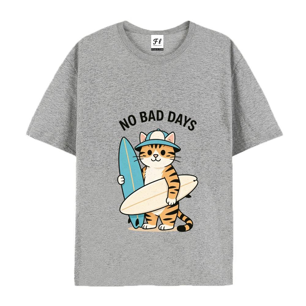 No Bad Days Surfing Cat Graphic Print Tee Oversized Short Sleeve Unisex T-Shirt with Cartoon Pattern and Drop Shoulder Design Crewneck Top Menswear