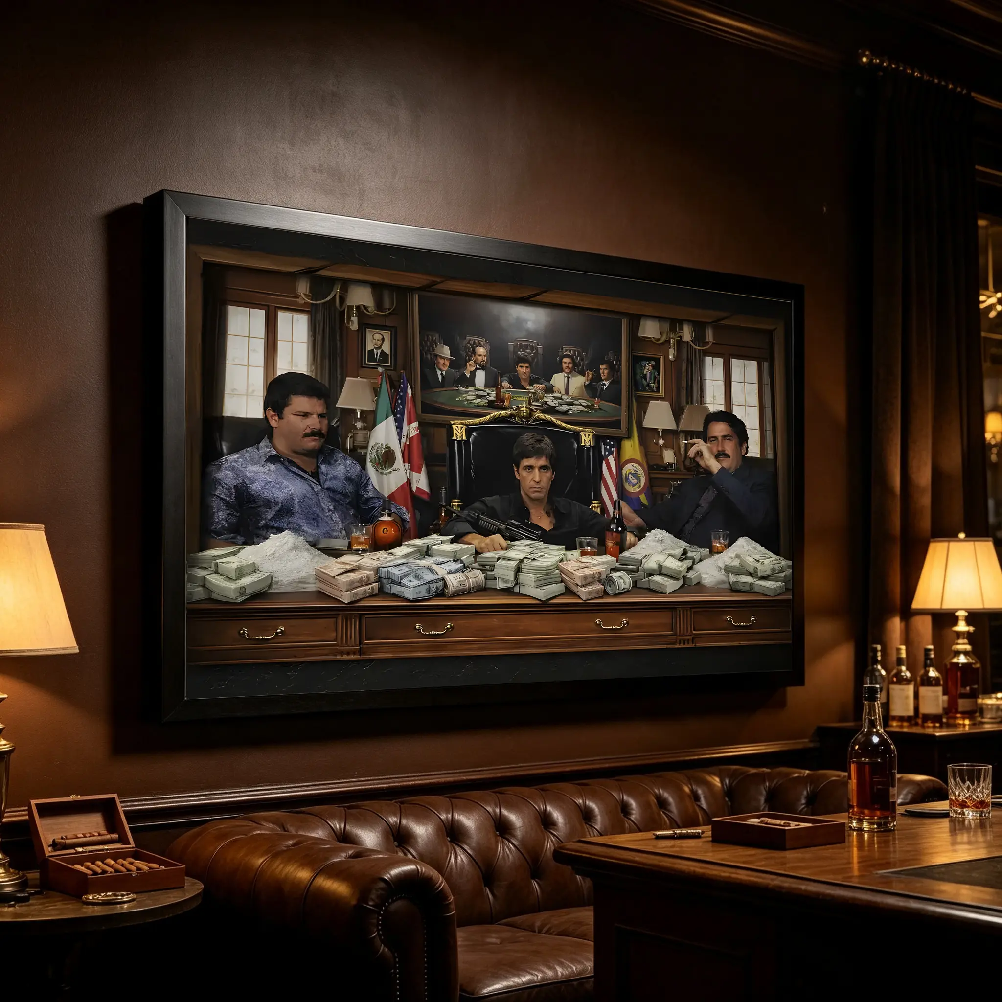 Scarface Tony Montana, El Chapo & Pablo Escobar Canvas Print, Iconic Narcos Mobsters Wall Art, Gangster Movie Painting Poster for Man Cave, Bar & Game Room Decor, Collectible Gift for Crime Drama Fans
