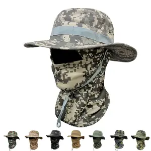 Camouflage Fisherman Hat with Mask,  Outdoor Bucket Hat Set, Boonie Hat, Detachable Neck Flap & Face Cover for Sun Protection, Breathable Mesh Vents for Hiking, Camping, Fishing, and Tactical Outdoor Activities summervibes