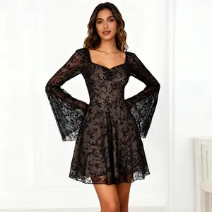 Dark Gothic Lace Square Neck Tie - up Bell Sleeve Slim Fit Mini Dress