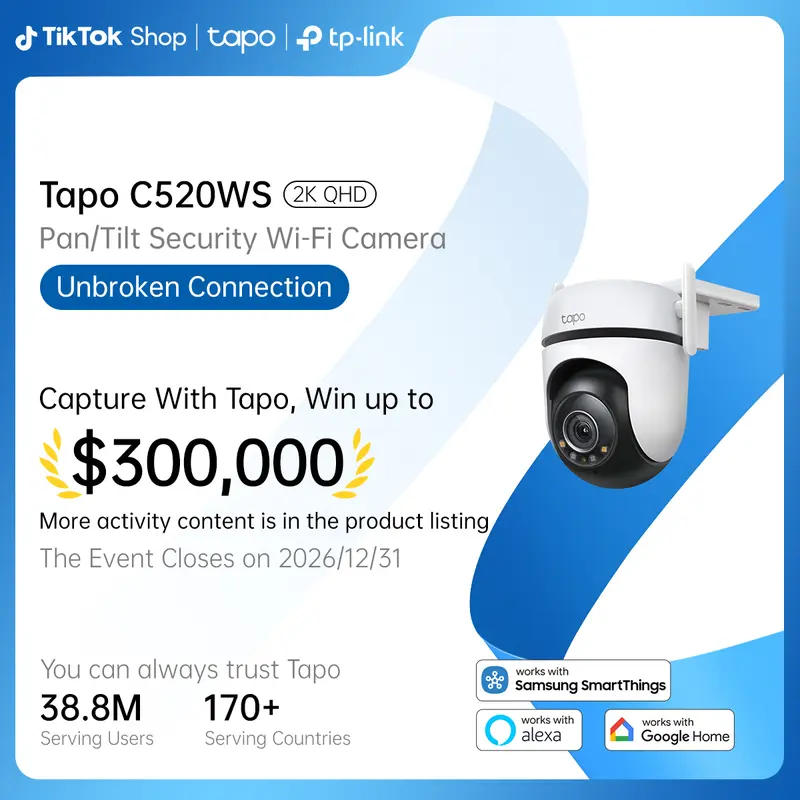 TP-Link & Tapo C520WS - 2K QHD Outdoor Pan/Tilt Wi-Fi Security Camera with 360° View, Motion Tracking, Color Night Vision, AI Detection, and Cloud & SD Card Storage Protection Surveillance Durable Adjustable