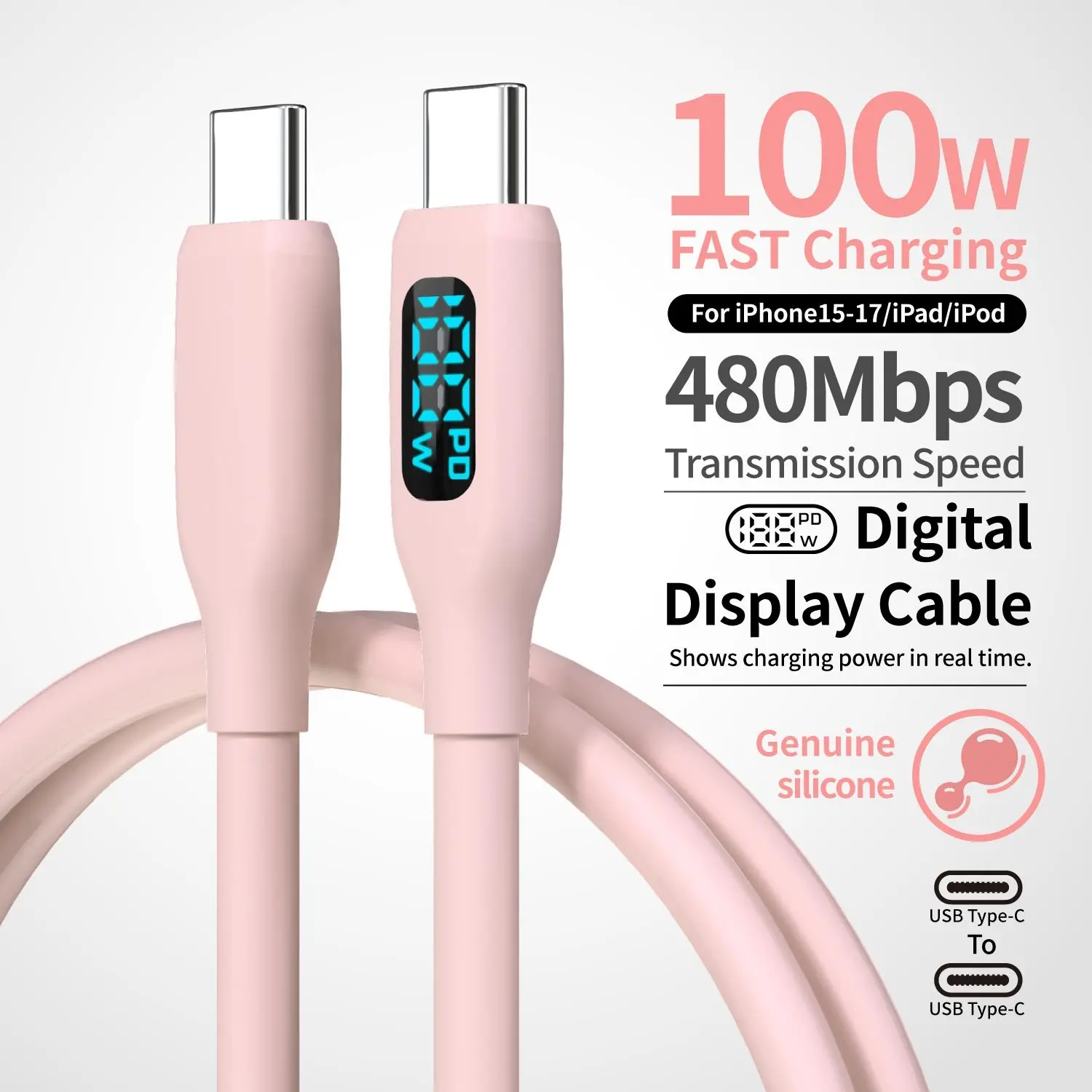 100w USB-C Fast Charging Digital Cable, 6ft/10ft Type-C Data Sync Wire, Compatible with Macbook, iPad, Galaxy Smartphone, iPhone 15-17 Plus Pro Max, Electronic Charging Accessory