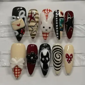 3D Cat & Bunny Press On Nails: Autumn Plaid Star Art, Handmade