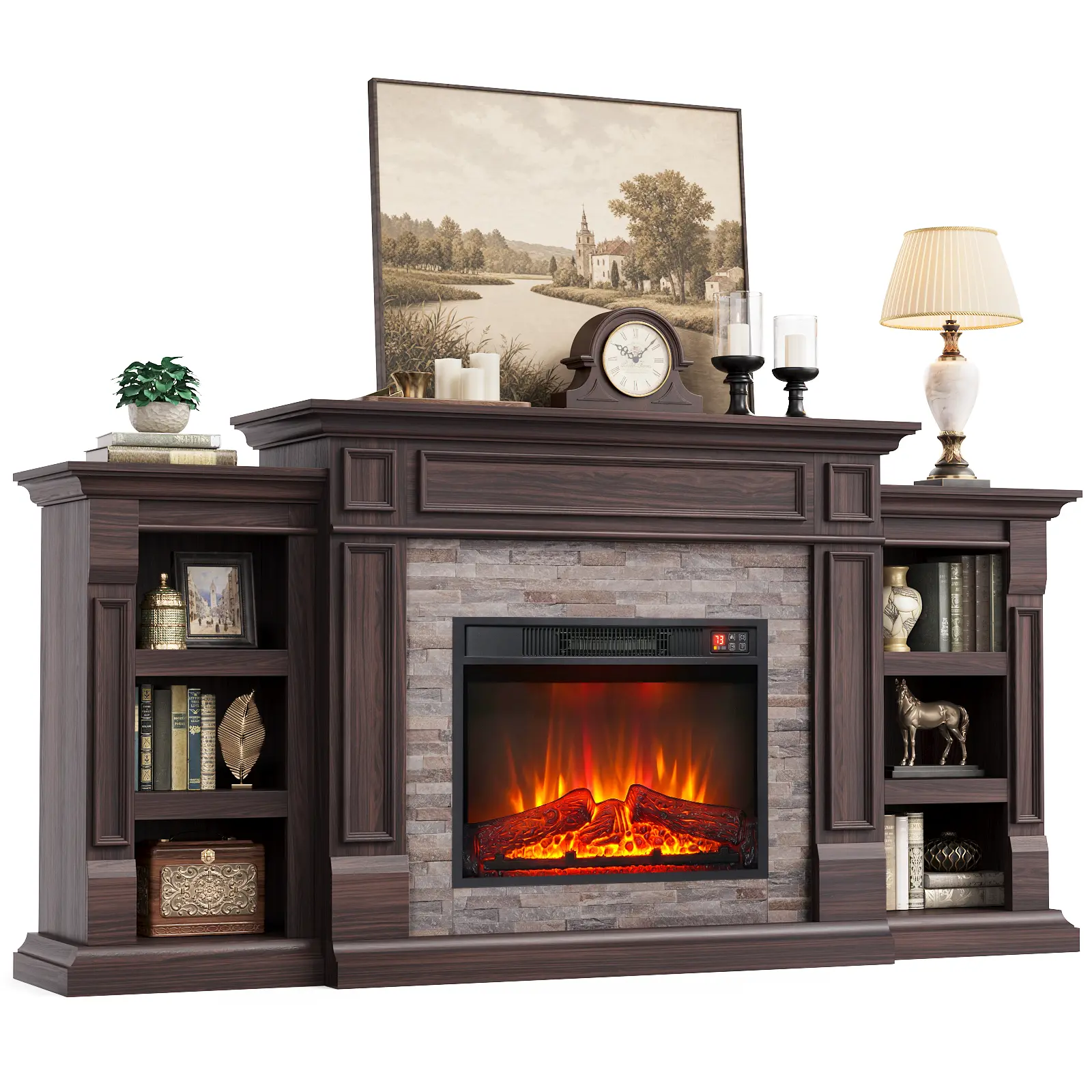 LGHM 72" Fireplace TV Stand for Livin Room,Dark/Brown(Espresso) , Electric Fireplace with Mantel,  Fireplace for TVs Up to 80 Inch，Modern Farmhouse Entertainment Center campingessentials
