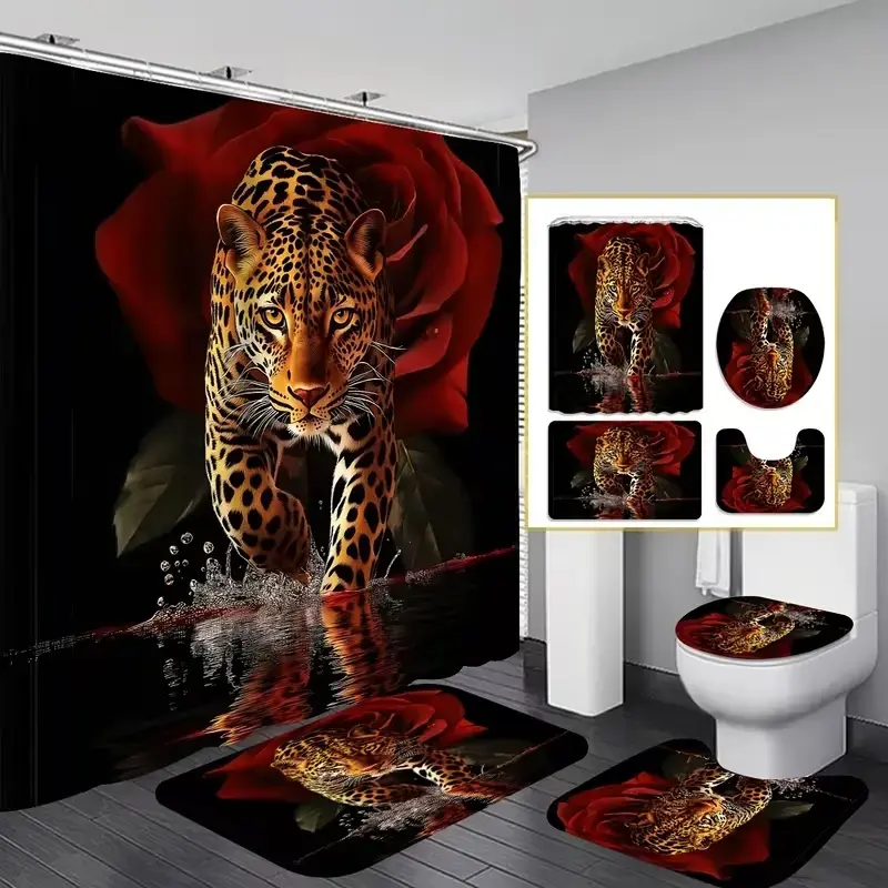 1/4pcs Shower Curtain Set, Leopard Red Single Rose Pattern, Non-Slip Mat, U-Shaped Rug, Toilet Seat Cover, Includes 12/24 Shower Curtain Hooks, Bathroom Decoration Accessories, Bathroom Accessory