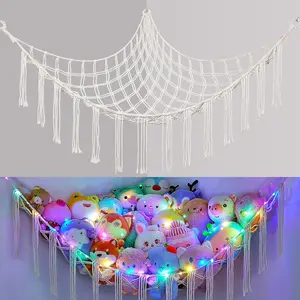 Stuffed Animals Net or Hammock with LED Light, Hanging Stuffed Animals Storage Toy Hammock Net Corner Wall Girls Room Decor Toy Storage Organizer, White, L