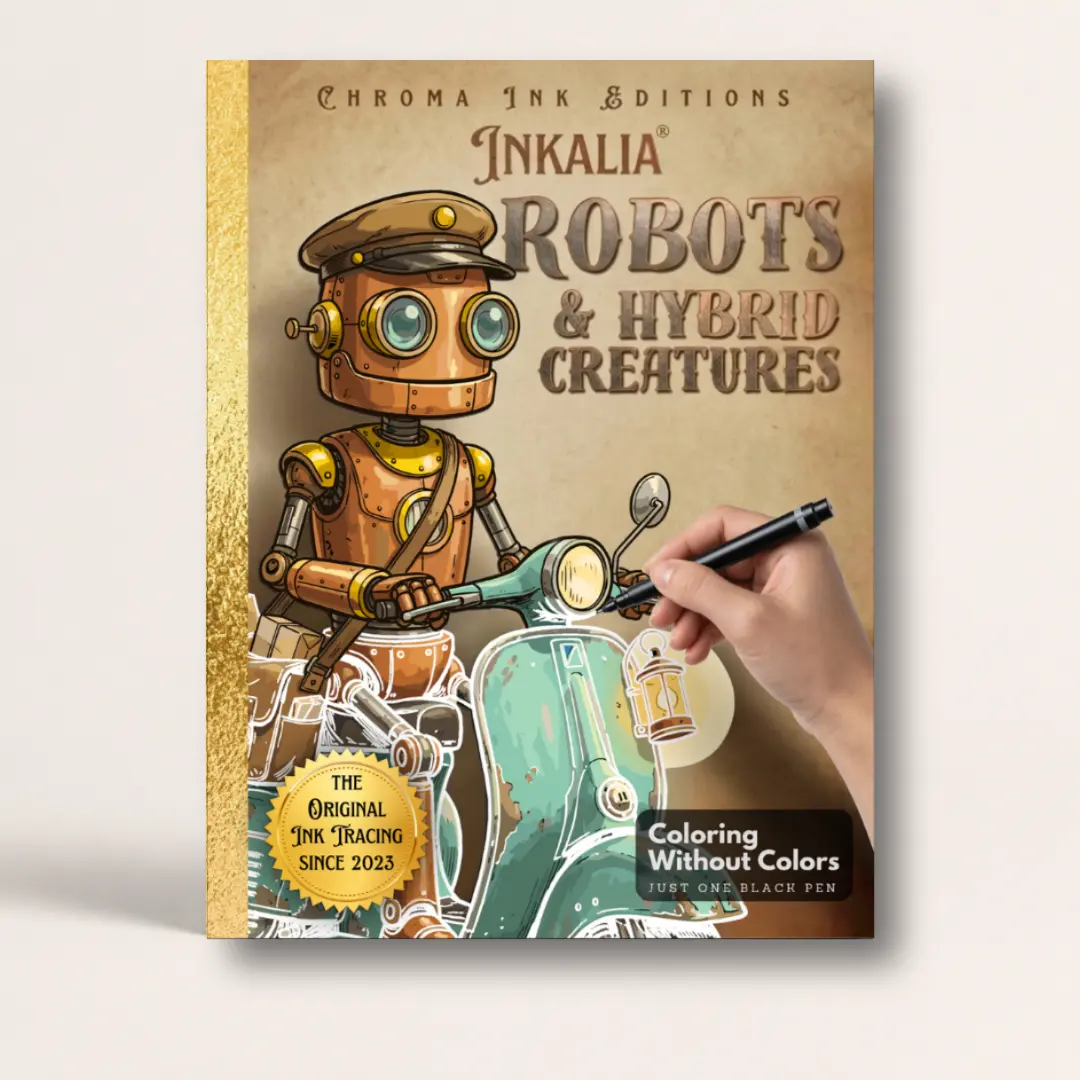 Inkalia Robots & Hybrid Creatures: Ink Tracing Coloring Book for Adults and Teens, Bold Outline Steampunk Mechanical Designs, Doodle Line Tracing Stress Relief Activity Book