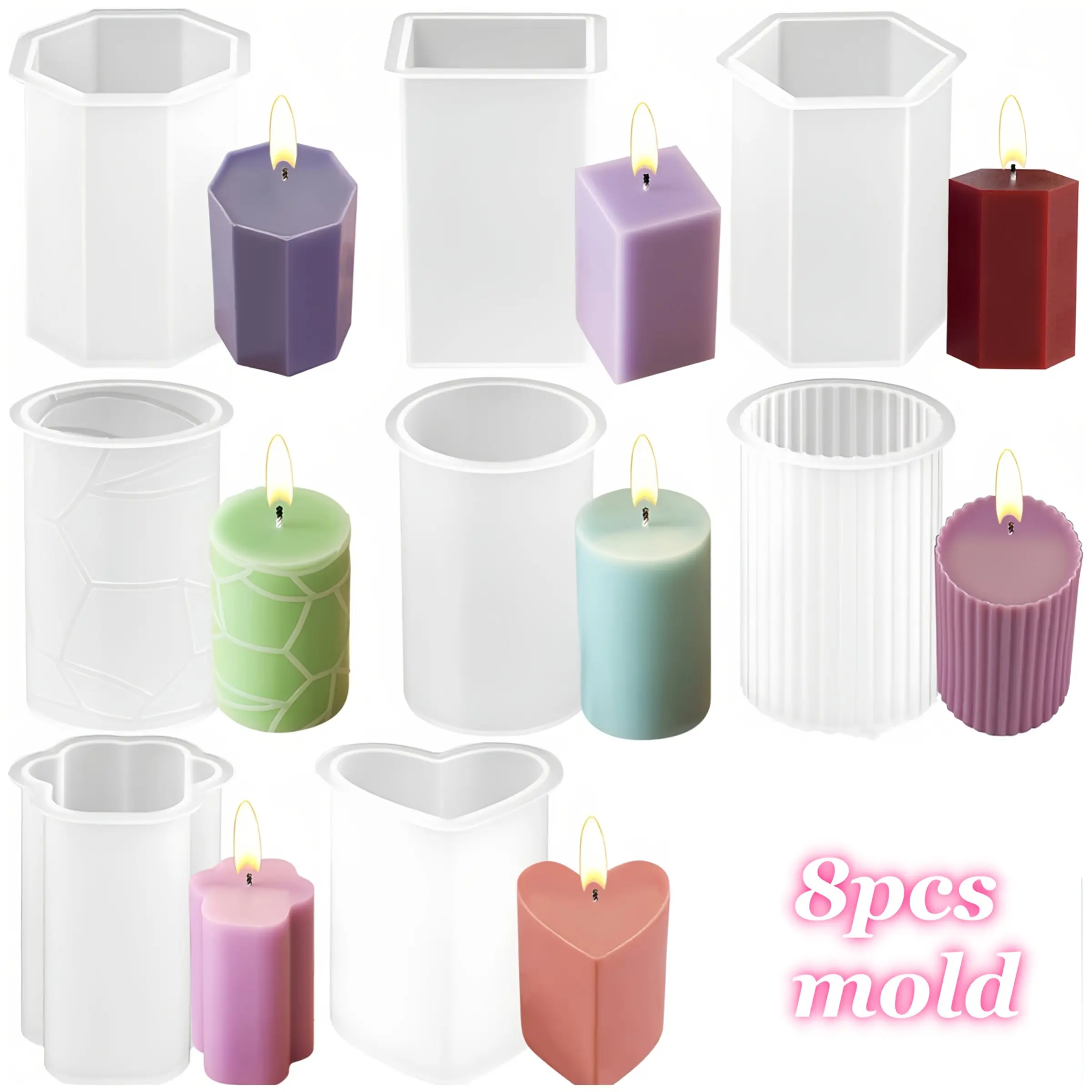 8 Candle Silicone Molds Set, DIY Craft Candle Molds,  Essential Oil Wax Molds, Perfect for Making Candles, Silicone Heart Shaped, Handmade Crafts, Candle Making Supplies