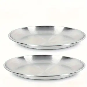 2Pcs 6.7 Inch Stainless Steel Cat Food Bowls, Shallow Whisker-Friendly Non-Slip Silicone Base Metal Dishes, Easy to Clean Indoor Feeding Flat Plates for Cat, Kitten, Small Dog