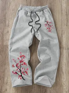 Men's Grey Joggers Featuring Plum Blossom Print, Loose Fit and Comfortable for Lounging or Street Style