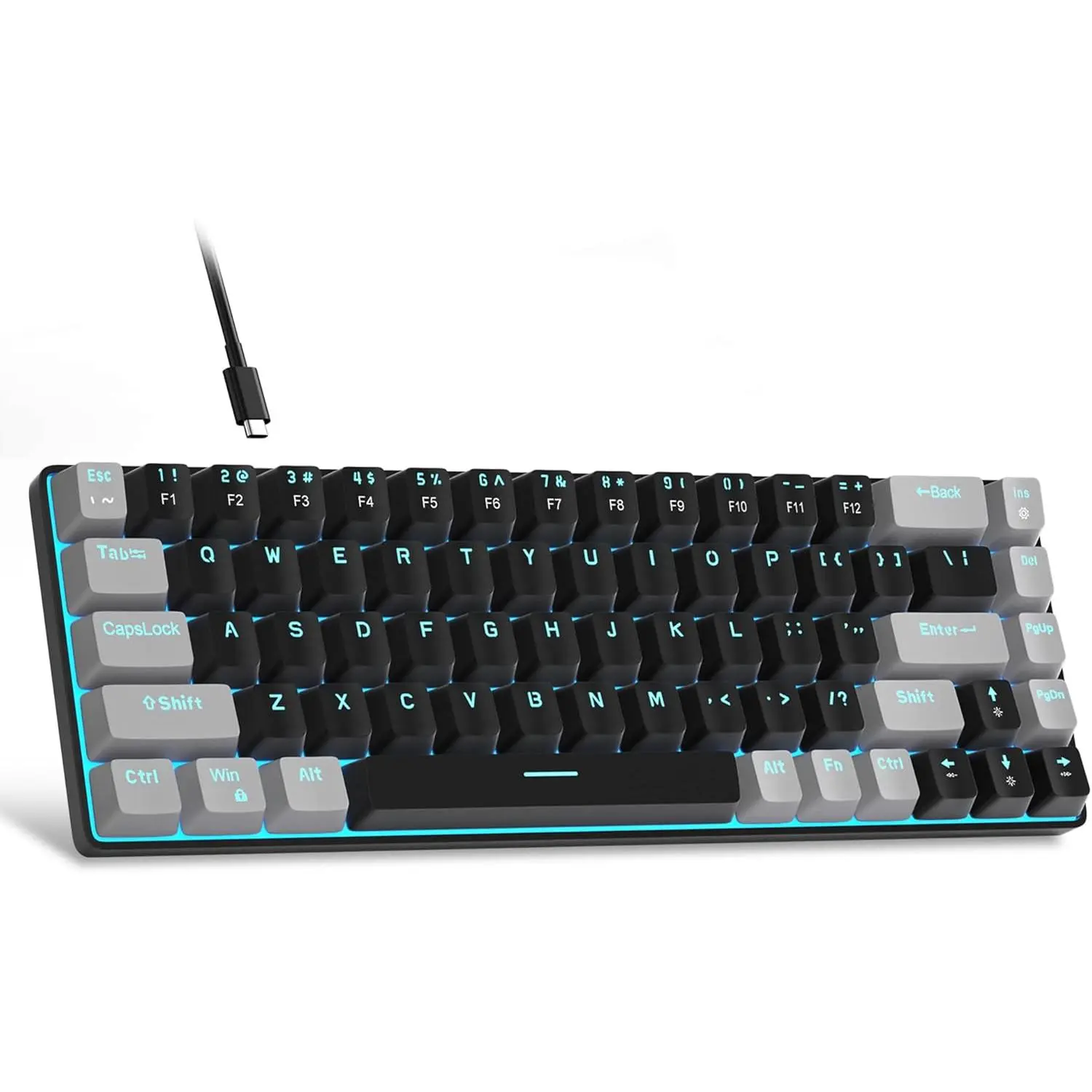 60% Mechanical Gaming Keyboard (68-Key Layout), Wired Office & Gaming Keyboard with Linear Red Switches, Blue LED Backlight, ABS Caps for PC Mac, Black/Grey, 60 Percent Keyboard