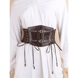 Lace Up Buckle Decor Corset Belt Halloween Waist Trainer Valentine's Day Valentines Accessories For Ladies For Dress Goth Punk Chain Decor Brown Belt