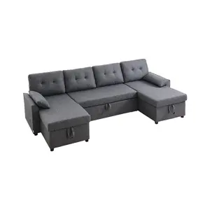 VEVOR U Shaped Sofa Bed, Convertible Sofa Bed with 2 Side Pockets, 2 Pillows and Double Chaise, 6-Seat Pull Out Sleeper Couch with Large Storage Capacity for Living Room, Apartment, Metal Frame, Gray