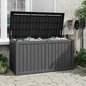 120/150 Gallon Resin Deck Storage Box, Weatherproof UV Resistant Indoor/Outdoor Organizer, Lockable Woodgrain Lid,Weatherproof and UV Resistant Durable Reinforced Organizer Organiser, Water Leakage Holes, Easy Clean