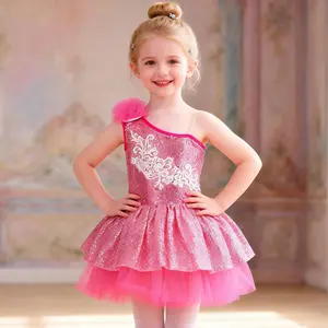 Kids Pink Sequin Ballet Tutu Dress for Girls, One Shoulder Sparkle Dance Costume for Dance Outfit for Stage Show &Party