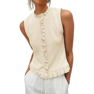 Womens Sleeveless Sweater Vest Ruffle Button Down Knit Tank Top Summer Trendy Going Out Vest Tops